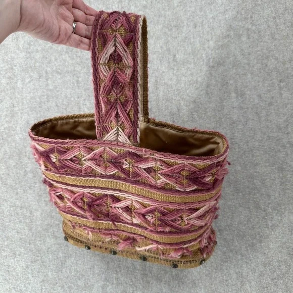 VTG Handmade Burlap Yarn Embroidered Tote Bag Geometric Stitched Pink Brown Boho - Picture 1 of 16